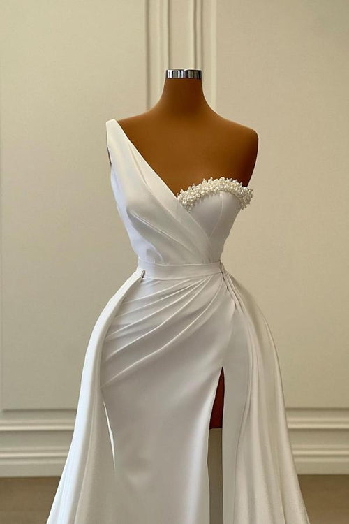 Charmantes weißes langes Meerjungfrau-Abendkleid mit einer Schulter und Satin-Perlen