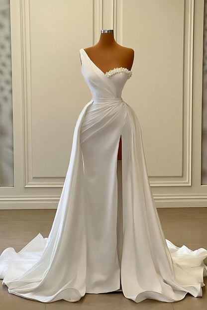 Encantadores vestidos de fiesta formales de satén con cuentas y corte sirena, blancos y largos, de un solo hombro