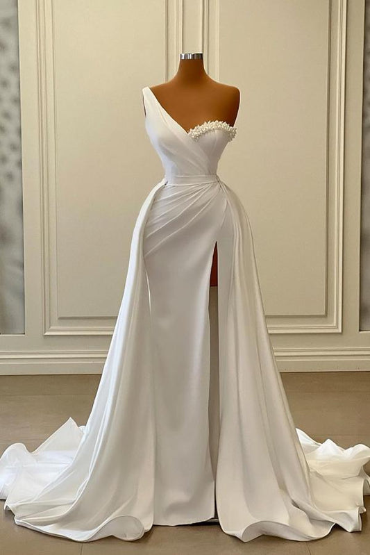 Encantadores vestidos de fiesta formales de satén con cuentas y corte sirena, blancos y largos, de un solo hombro