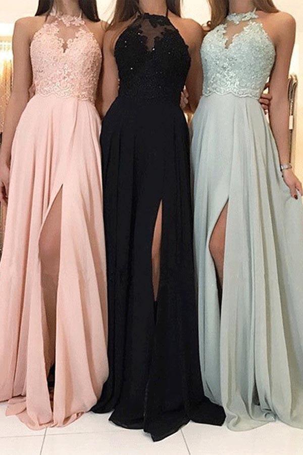 Vestido largo de dama de honor con encaje y gasa, vestido formal con abertura BD066