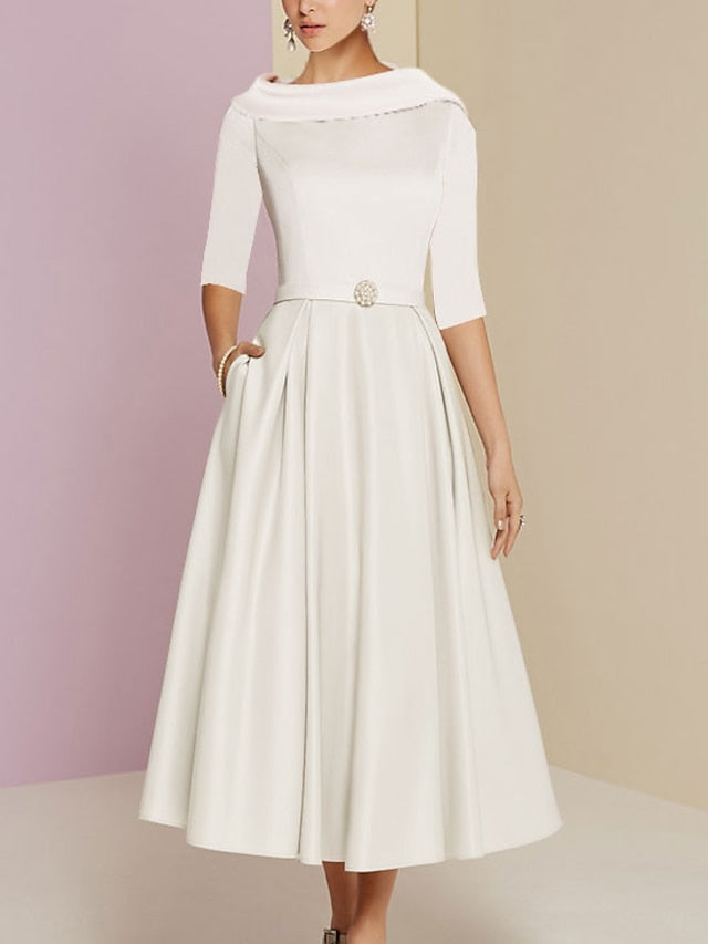 Vestidos de madre de la novia de corte A/princesa, escote joya, media manga, largo hasta la rodilla, con bolsillos y pliegues