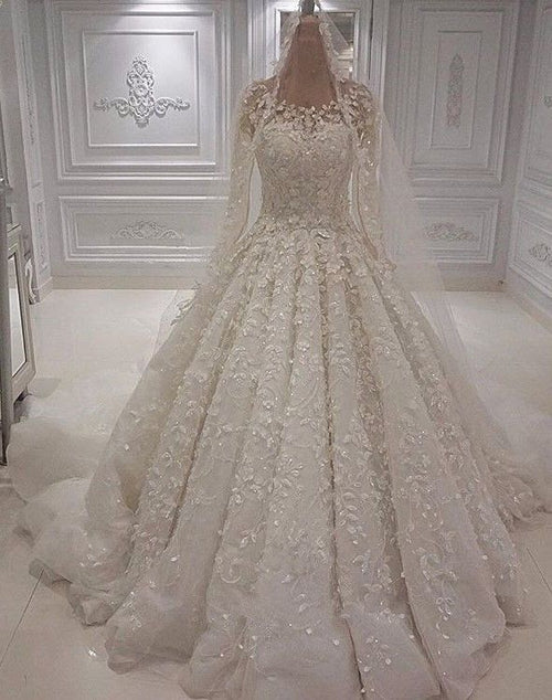 Elegante vestido de novia largo color marfil con corte A, joya, tul, apliques de encaje