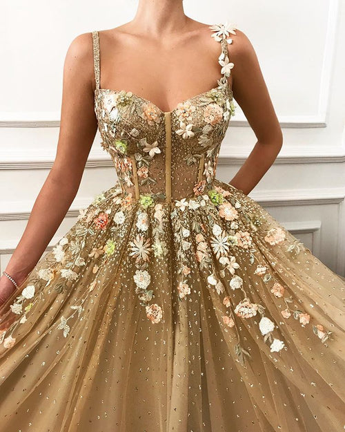 Vestido de fiesta largo elegante de corte A con tirantes finos y apliques de encaje