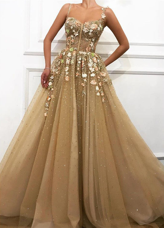 Schickes A-Linie Spaghettiträger Applikationen Spitze Langes Ballkleid
