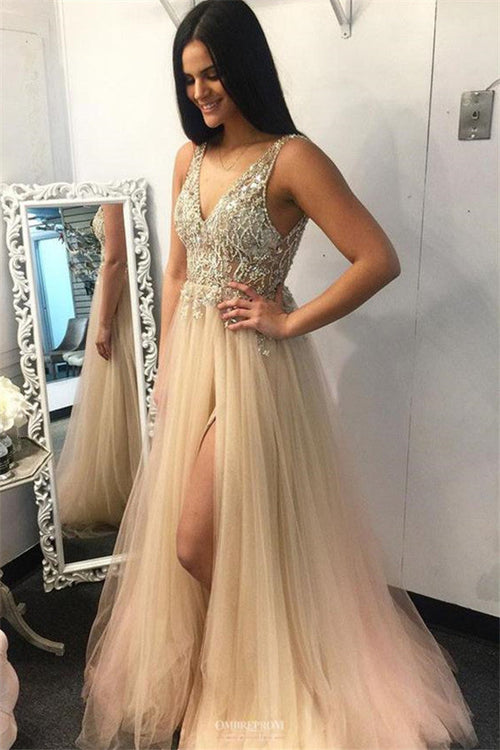 Vestido de fiesta largo elegante con escote en V, apliques y cuentas, espalda descubierta y abertura