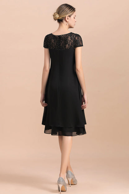 Schickes schwarzes Kleid mit Flügelärmeln aus Chiffon für die Brautmutter, kurze Kleider für die Hochzeitsfeier