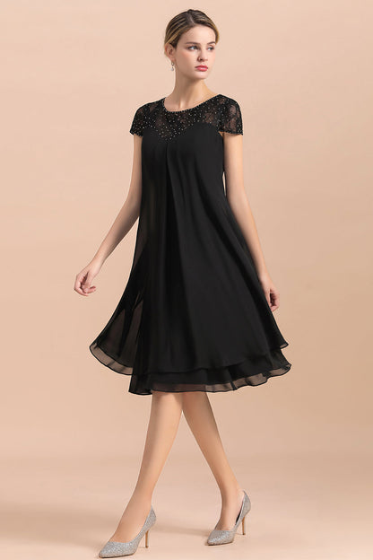 Schickes schwarzes Kleid mit Flügelärmeln aus Chiffon für die Brautmutter, kurze Kleider für die Hochzeitsfeier