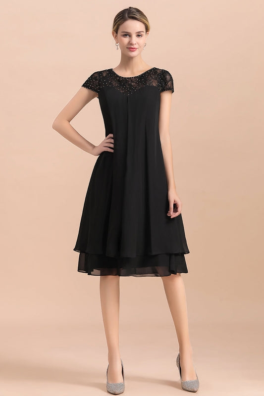 Schickes schwarzes Kleid mit Flügelärmeln aus Chiffon für die Brautmutter, kurze Kleider für die Hochzeitsfeier