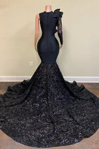 Elegante vestido de fiesta negro asimétrico de manga larga y corte sirena hasta el suelo