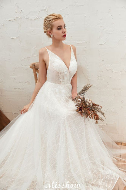 Chic Deep V-Neck White Tulle Princess Open Back Wedding Dress with Court Train