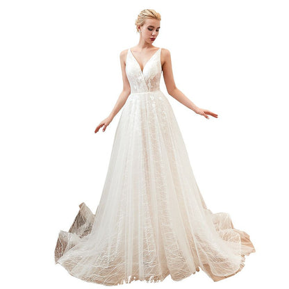 Chic Deep V-Neck White Tulle Princess Open Back Wedding Dress with Court Train