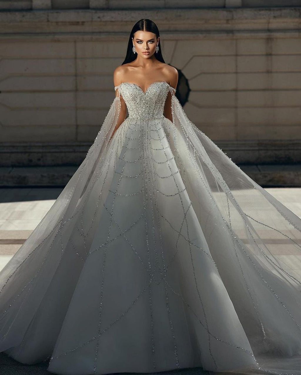 Schickes bodenlanges, schulterfreies A-Linien-Brautkleid mit Herzausschnitt und Pailletten