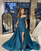 Vestido de fiesta elegante, largo hasta el suelo, con escote en forma de corazón, hombros descubiertos, cinta y apliques