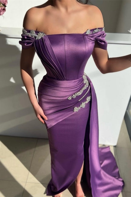Vestido de fiesta elegante de sirena, largo hasta el suelo, sin tirantes y con hombros descubiertos, en tonos uva