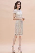 Vestido elegante para madre de la novia con encaje, cuentas y tul joya, de manga corta, en línea.