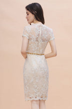 Vestido elegante para madre de la novia con encaje, cuentas y tul joya, de manga corta, en línea.
