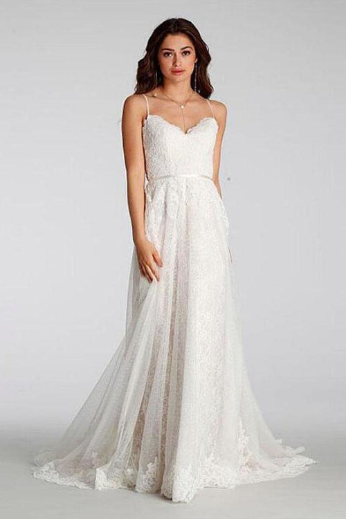 Vestidos de novia largos con tirantes finos y encaje chic para playa WD129