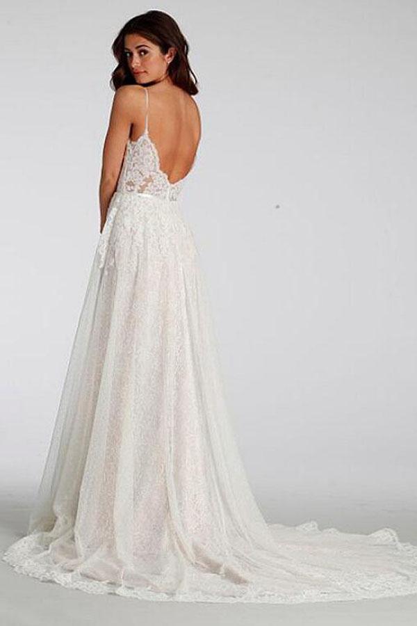 Vestidos de novia largos con tirantes finos y encaje chic para playa WD129