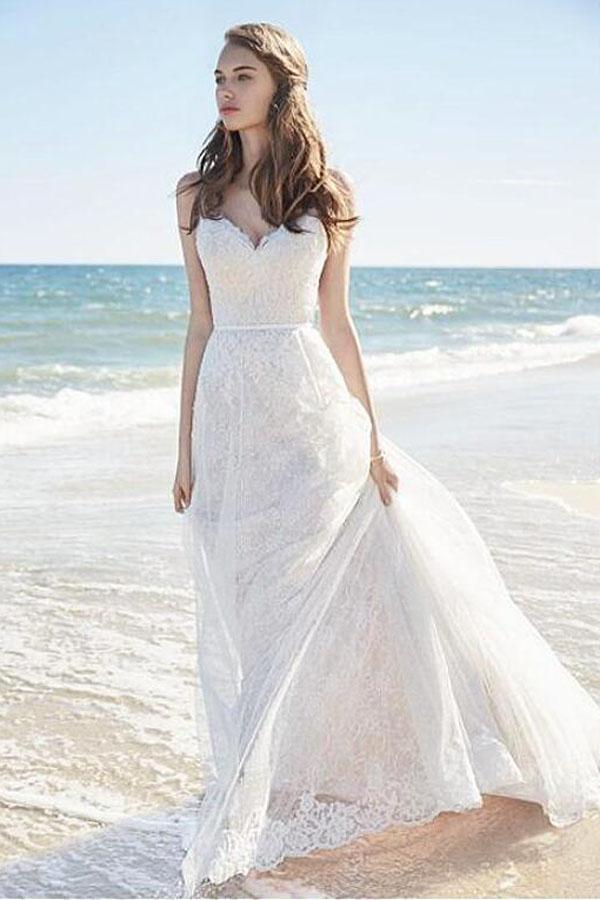 Vestidos de novia largos con tirantes finos y encaje chic para playa WD129