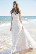Vestidos de novia largos con tirantes finos y encaje chic para playa WD129