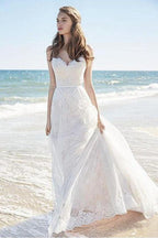 Vestidos de novia largos con tirantes finos y encaje chic para playa WD129