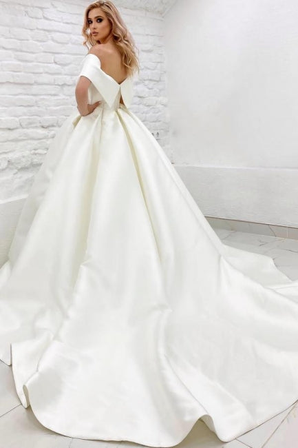 Vestido de novia elegante, largo, sin mangas, color marfil, con corte en A y hombros descubiertos
