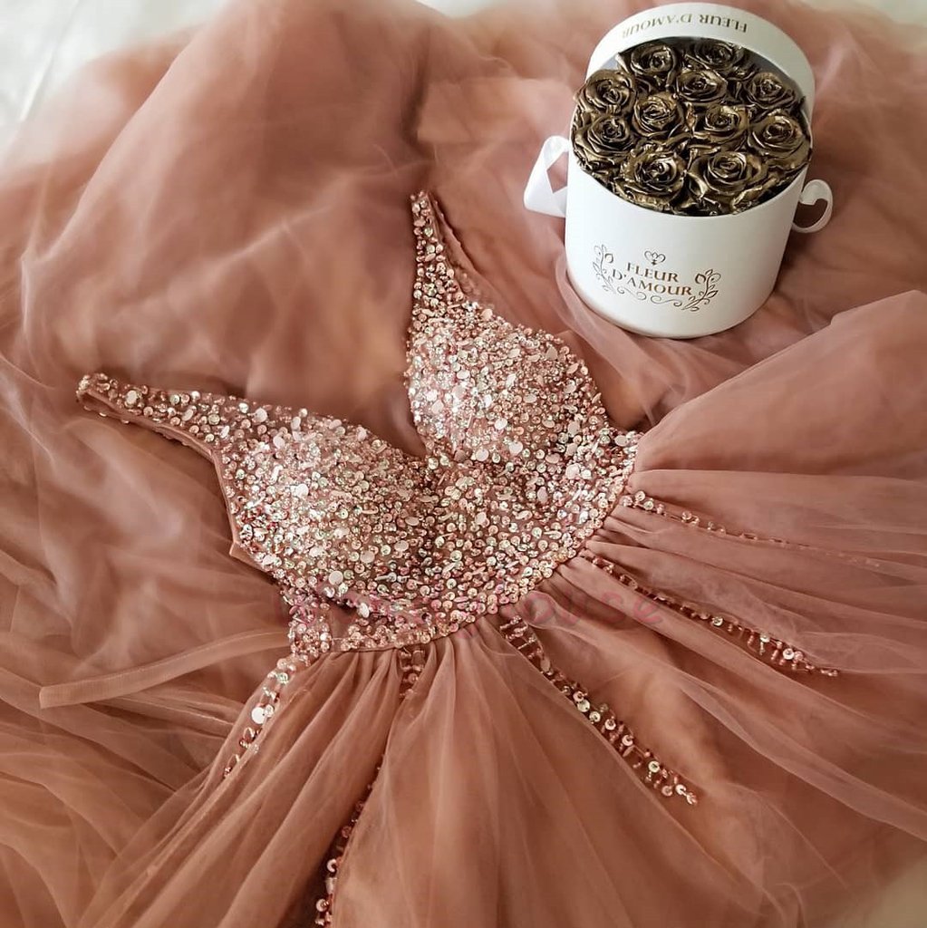Vestido de fiesta elegante, largo, de tul con lentejuelas y espalda descubierta