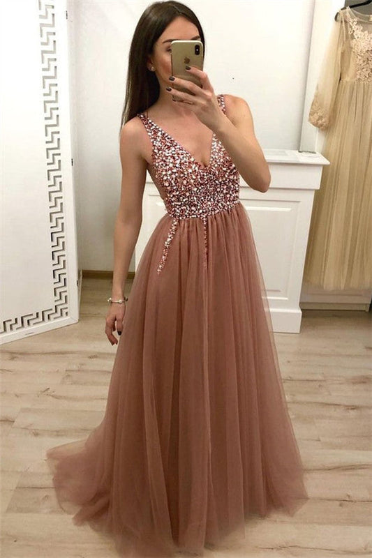 Schickes langes rückenfreies A-Linien-Ballkleid aus Tüll mit Pailletten