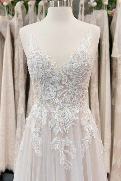 Vestido de novia elegante de tul con apliques de encaje y escote en V en línea A