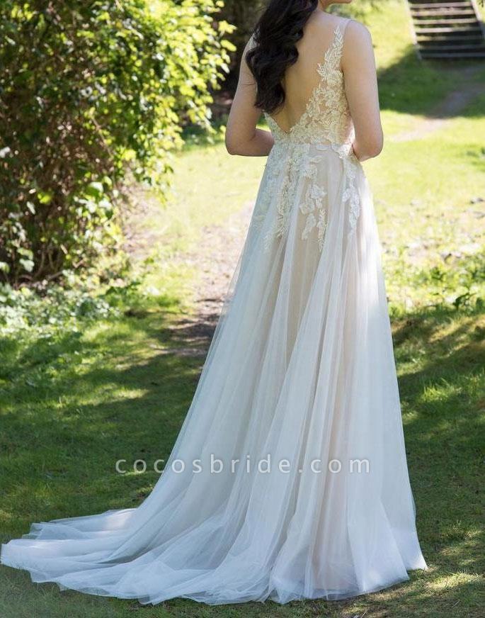 Vestido de novia elegante de tul con apliques de encaje y escote en V en línea A