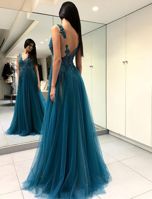 Schickes langes rückenfreies A-Linien-Ballkleid aus Tüll mit V-Ausschnitt und Schlitz