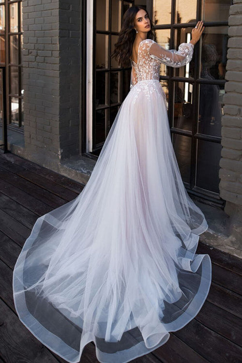 Vestido de novia elegante, largo, corte A, escote en V, tul, encaje, cola capilla y mangas