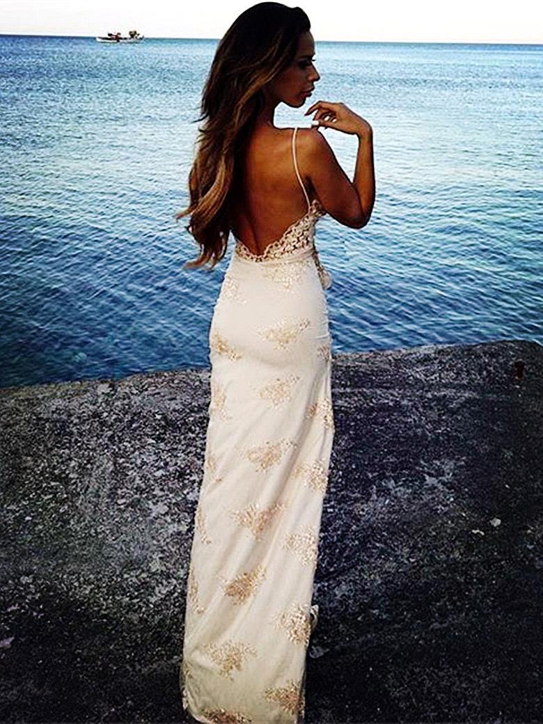 Vestido de fiesta elegante con espalda descubierta, encaje y tirantes largos tipo columna con abertura