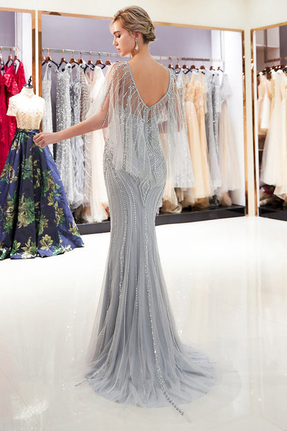 Chic Long Mermaid Jewel Tulle Beading Prom Dress with Sleeves