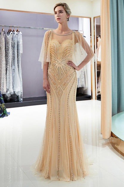 Chic Long Mermaid Jewel Tulle Beading Prom Dress with Sleeves