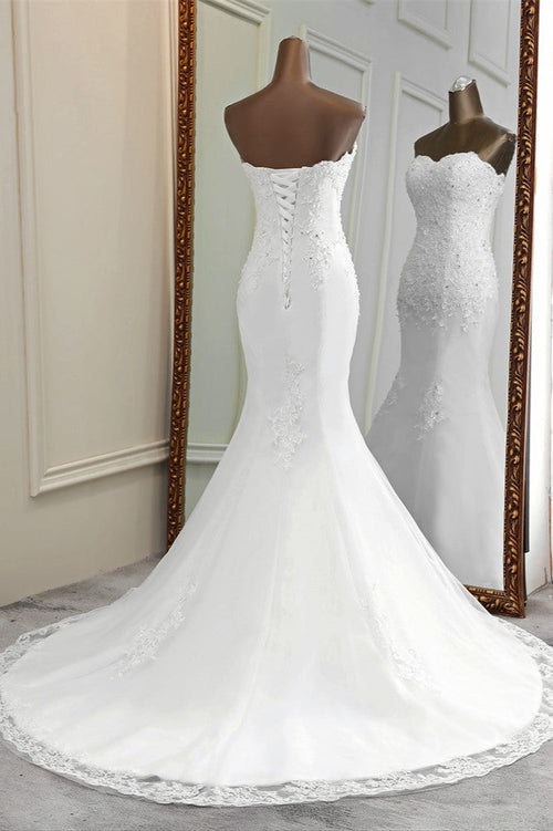 Vestido de novia elegante de sirena largo sin tirantes con apliques de encaje