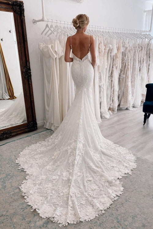 Elegante vestido de novia largo de sirena con escote corazón, sin mangas, con tirantes finos y encaje, sin espalda