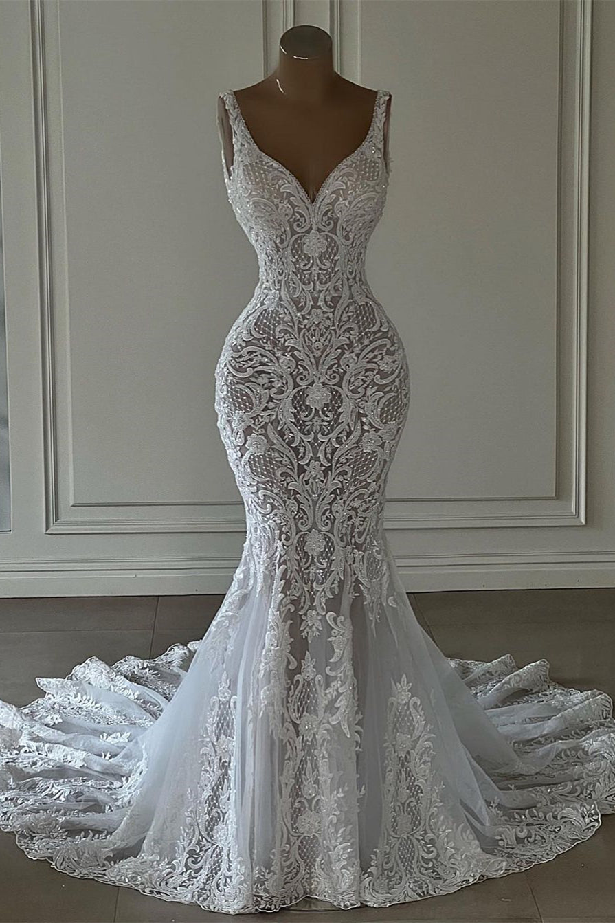 Vestido de novia elegante de corte sirena largo con escote en V y sin mangas con encaje