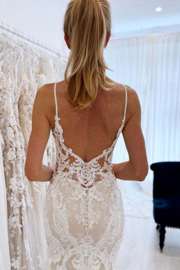 Vestido de novia elegante de sirena, largo, con escote en V, tirantes finos y espalda descubierta de encaje