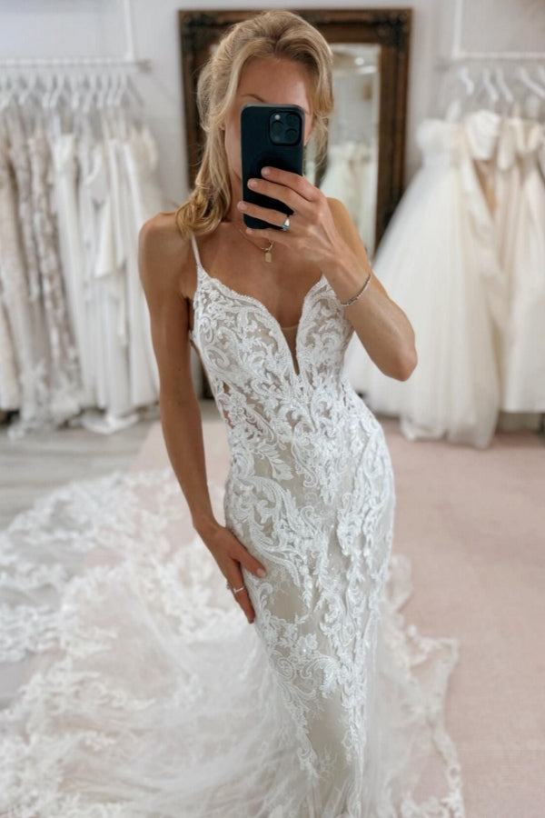 Vestido de novia elegante de sirena, largo, con escote en V, tirantes finos y espalda descubierta de encaje