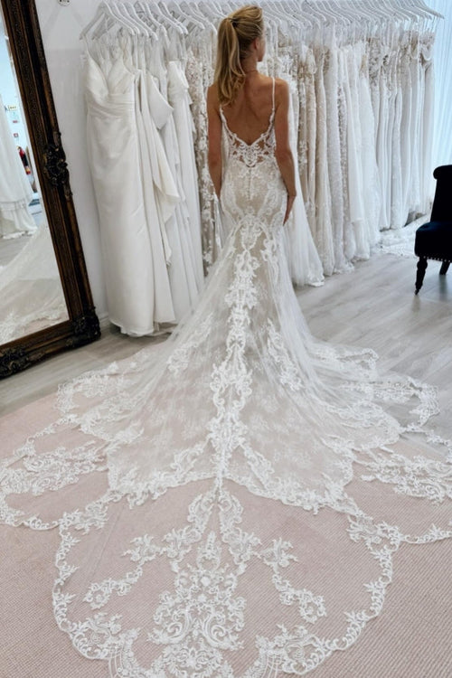 Vestido de novia elegante de sirena, largo, con escote en V, tirantes finos y espalda descubierta de encaje