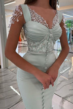 Chic Long Mint Green Straps Sequined Evening Dresses With Slit