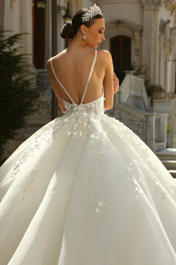 Vestido de novia elegante de corte princesa largo en A con tirantes finos en tul y encaje con purpurina en color marfil