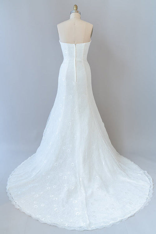 Vestido de novia elegante de encaje con volantes, largo y sin tirantes