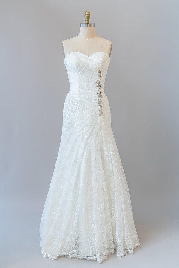 Vestido de novia elegante de encaje con volantes, largo y sin tirantes