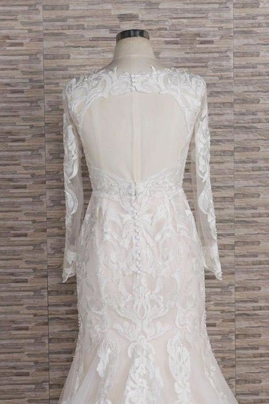 Vestidos de novia elegantes de sirena con apliques de manga larga