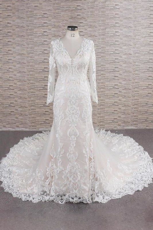 Vestidos de novia elegantes de sirena con apliques de manga larga