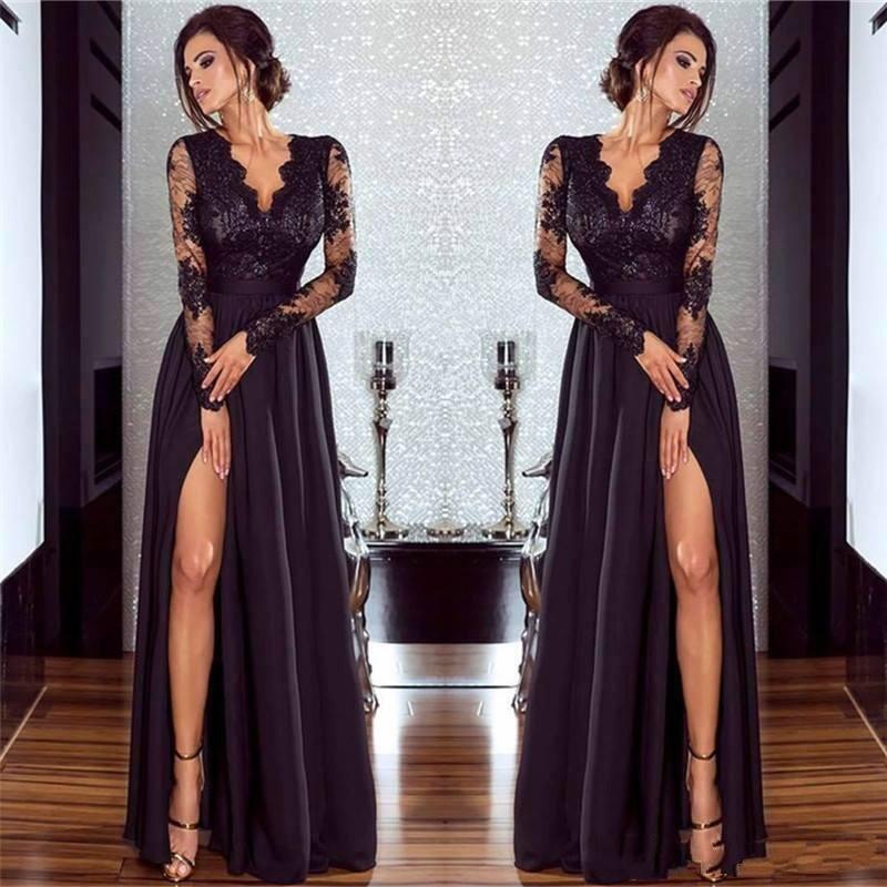 Vestido de fiesta elegante de gasa con encaje, escote en V, mangas largas y abertura