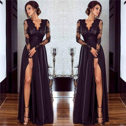 Vestido de fiesta elegante de gasa con encaje, escote en V, mangas largas y abertura