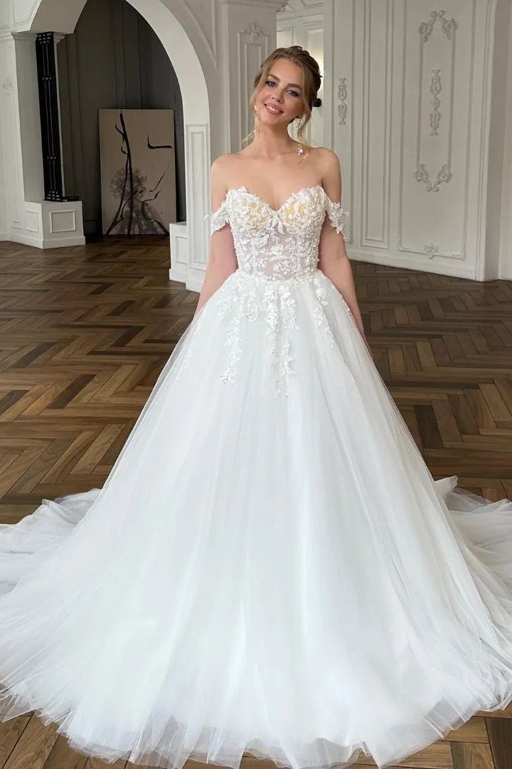 Vestido de novia elegante, largo, blanco, de tul y encaje, corte en A y hombros descubiertos